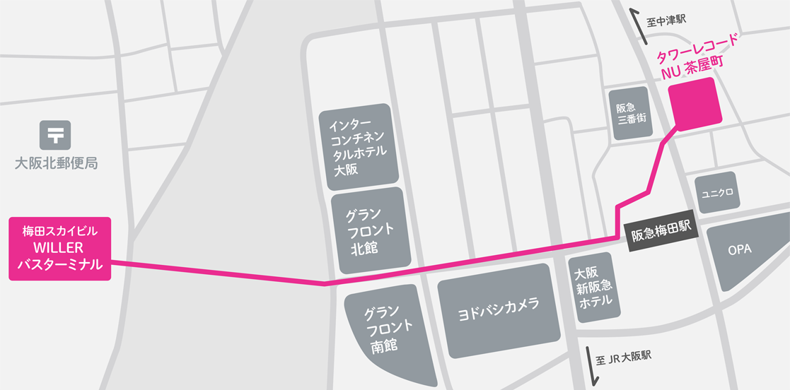 WILLERバスターミナル梅田⇔タワーレコードNU茶屋町店までのアクセスマップ