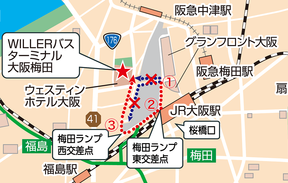 JR大阪駅方面からの徒歩ルート