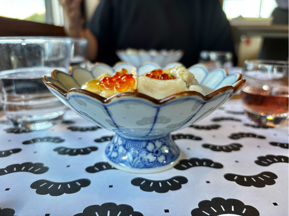 ぐじ東寺蒸し 銀餡掛け いくら 山葵 振り柚子 アングル違い